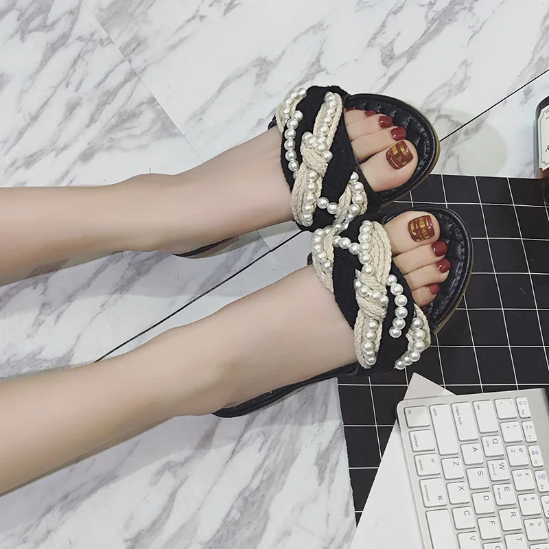 

Europe And America 2019 Spring And Summer New Style Pearl Hemp Rope Weaving Flat Sandals WOMEN'S Shoes Flat Heel Sandals Fashion