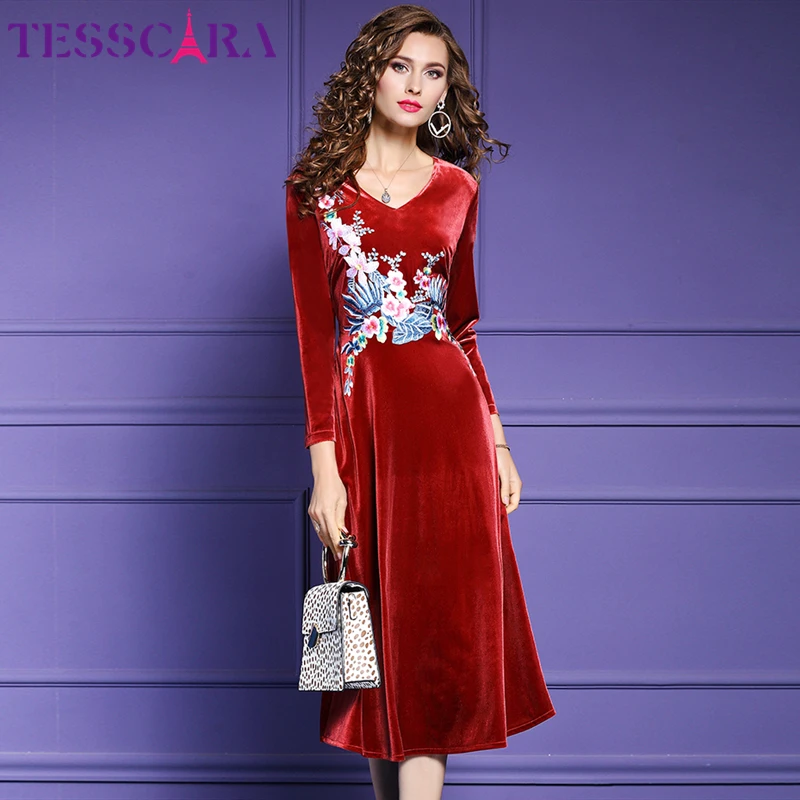 Женское бархатное платье TESSCARA роскошное вечернее винтажное с цветочной вышивкой