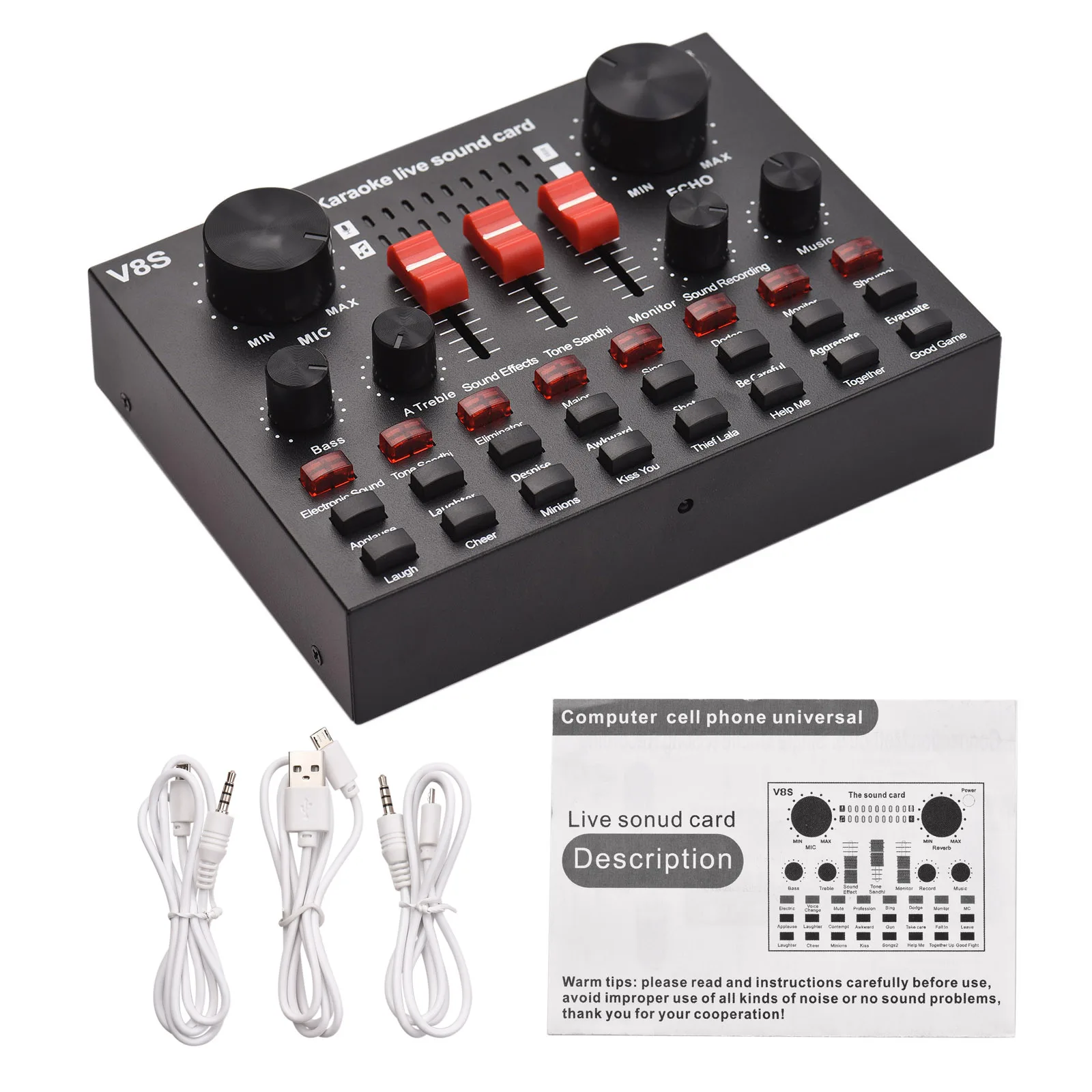 V8S External Live Sound Card Mixer Board for Broadcasting Music Recording with 16 Funny Effects BT Connection | Электроника