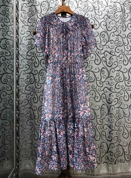 

2020 Spring and Summer New Women's Neckline Drawstring Decorative Small Floral Waist Hugging Short Sleeve Long Dress 408