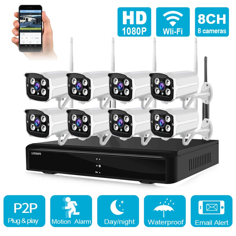 

H265 8CH 1080P WiFi IP NVR CCTV Security Surveillance System Kit HD Wireless Outdoor 2MP IR Night Vision Audio Video Camera