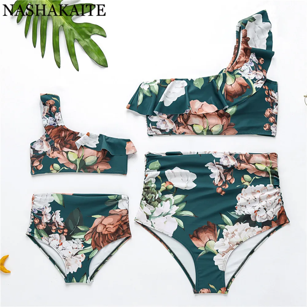 Floral Bikini NASHAKAITE Mathing купальник Семейные комплекты печати бикини с начесом комплект для мамы и дочки пляжная одежда купальники - Цвет: Floral Bikini