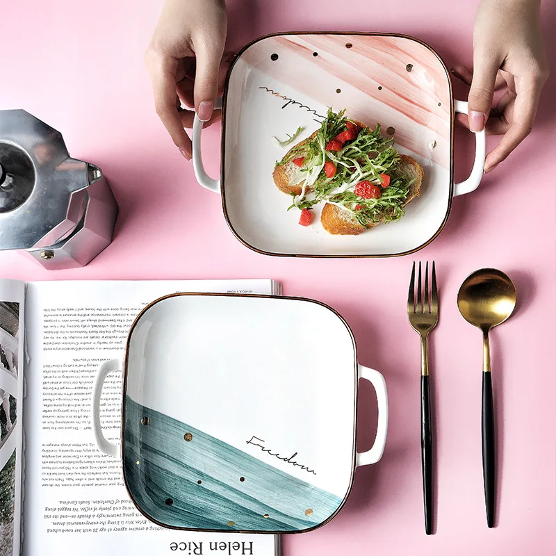 

Nordic Gold Edge Square Ceramic Plate Double Ears Heat Resistant Tableware Steak Salad Dish Tray Porcelain Lover's Dinner Plate