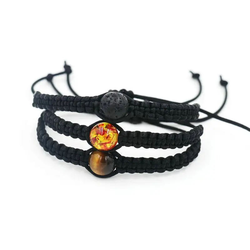 10mm Tiger Eye Stone Onyx Lava Stone Reiki Chakra Bracelet Men Black Rope Thread Braid Bracelets For Couples viking bijoux