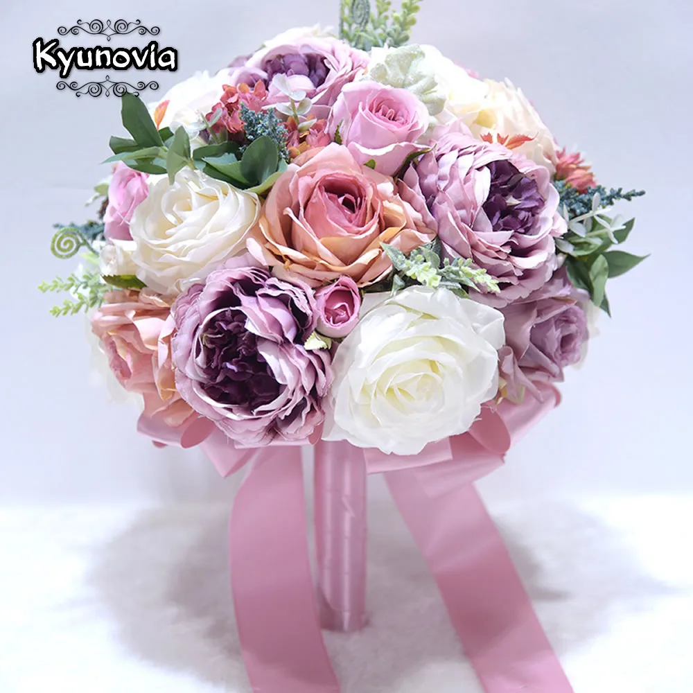 Wedding Bouquets Artificial Peony Flowers Kyunovia Wedding Bouquet Ivory and Blush Pink Peony Silk Bridal bouquet