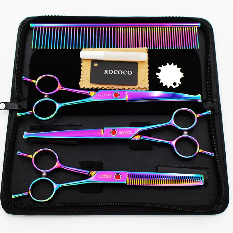 

7inch Straight Scissor+Thinning Scissor+Curved with Round Tip Scissor Professional Pet Grooming Clipper Shear Left Right Hand
