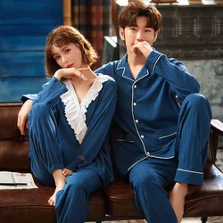 Autumn Spring Lace Cotton Couple Pajamas Sets Cardigan Lapel Comfortable Two-piece Women's Home Clothes Suit  Men Sleepwear