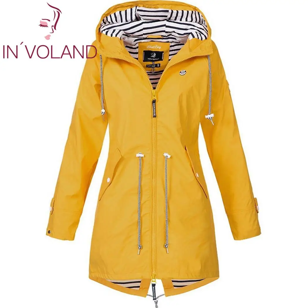 IN'VOLAND/большие размеры; женские пальто; повседневные пальто с капюшоном и длинными рукавами; сезон осень-весна; однотонная молния; карман; Длинная ветровка