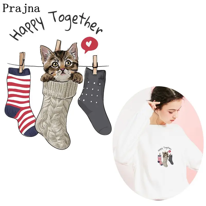 

Prajna Cat With Socks Iron On Transfers Vinyl Thermal Patches For Clothing Cartoon Animals Ironing Stickers On Clothes Appliques