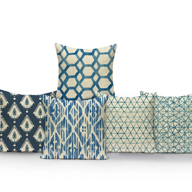 

Blue White Geometric Stripes Cushion Cover Home Decor Wave Throw Pillow Cover Sofa Seat Car Square Polyester Pillow Case