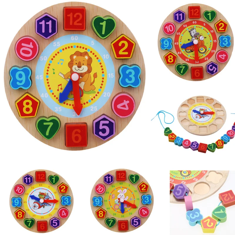 2019 Wooden Puzzle Toys Cognitive Digital Clock Digital Wooden Watch Jigsaw Toys Cartoon Threading Assembly Toys