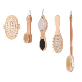 

4 pcs/set Wooden Bath Shower Bristle Brush Natural Volcanic Rocks Rubbing Bath Bathroom SPA Skin Care Dry Body Brush