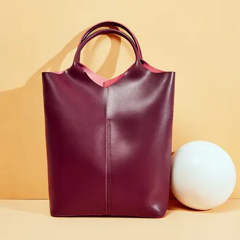 

Women Genuine Leather Bucket Shoulder Bags Female Young Ladies Casual Tote Bag Handbag 2020 New Designer Leather Ladies Bags