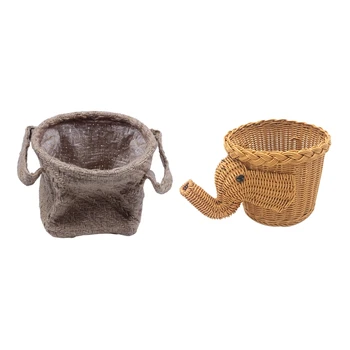 

1 Pcs 12 X 12 X 12Cm Woven Storage Basket & 1 Pcs 20 X 16Cm Handmade Bamboo Elephant Wicker Picnic Basket