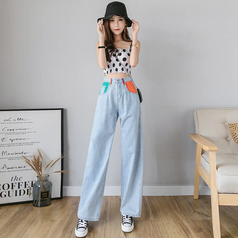 Summer Contrast Color Pocket Wide Leg Summer High Waist Loose Denim Pants Long Jeans for Women S M L XL