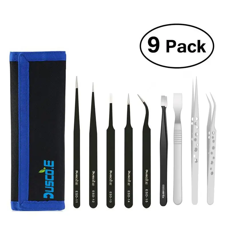 9pcs Tweezer Set Электрический паяльник с европейской вилкой, 220 В, 60 Вт, температурный набор, 110 В, набор паяльников, 5 шт., наконечники, портативный инструмент для сварки, держатель пинцета - Цвет: 9pcs Tweezer Set