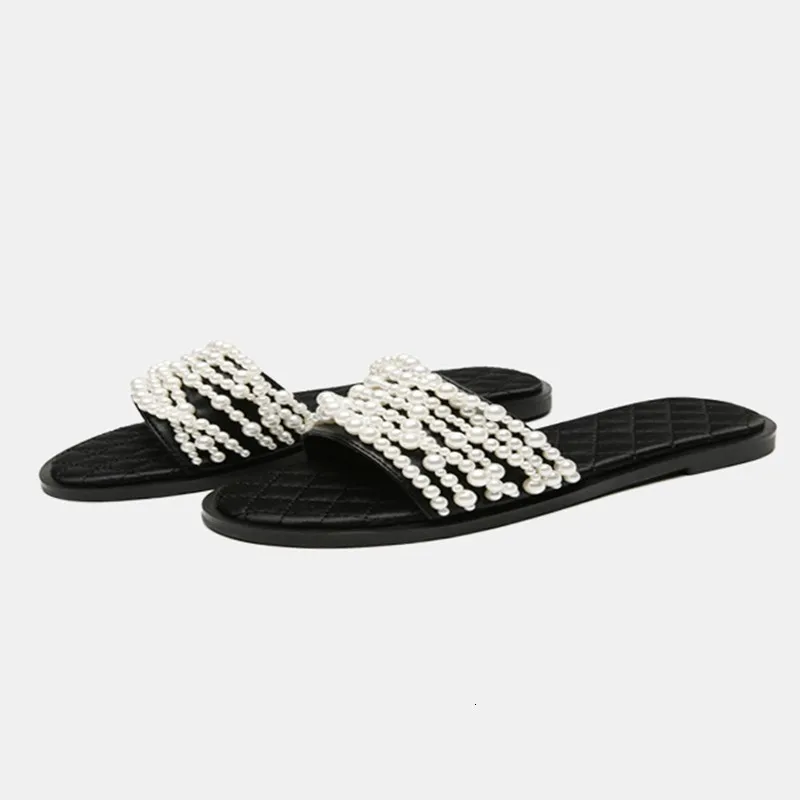 [DEAT] New Spring Summer Round Toe Shallow Pu Leather String Beads Casual Outside Flat Slippers Women Fashion Tide 10B900