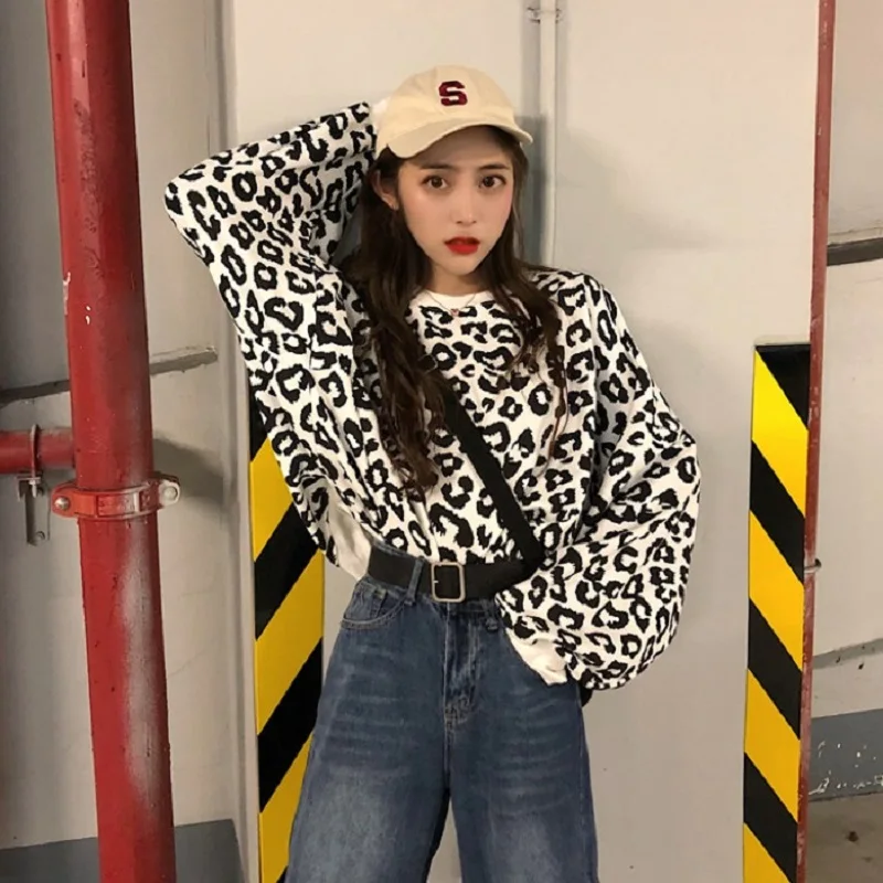 Корейская мода, Леопардовый принт, Повседневная Женская толстовка ulzzang Harajuku, свободная уличная толстовка с капюшоном и круглым вырезом, новая осенняя Женская толстовка