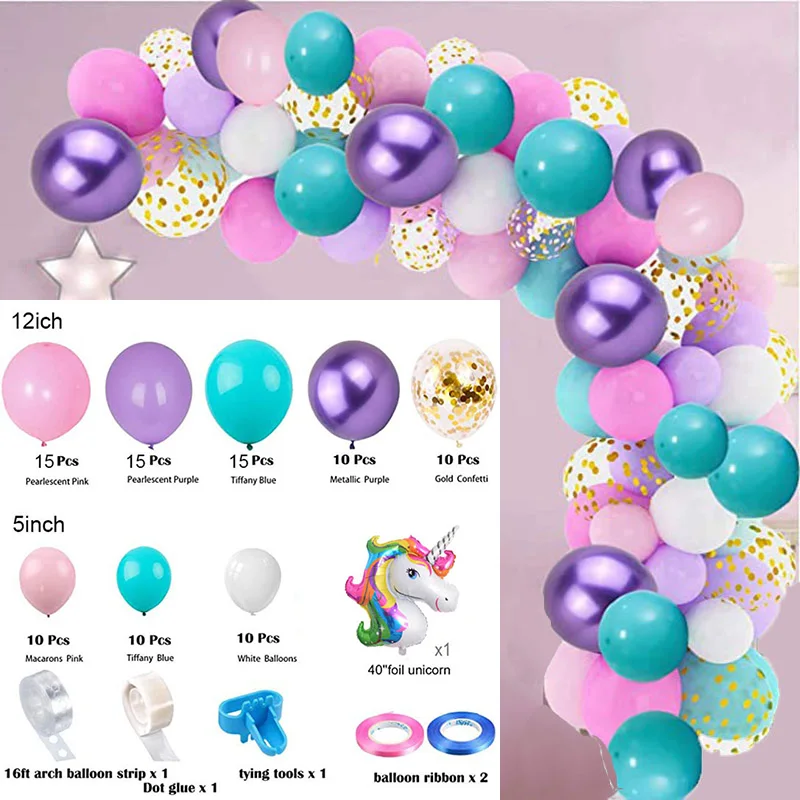 141pcs/lot Shimmer Confetti DIY Pastel Unicorn Balloons Arch Garland Kit  Rainbow purple balloons Birthday Party Decoration
