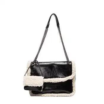 

Women's Chain Handbag Leather Composite Bag Female Vintage Black Bag Totes Fluff Shopping Bag 2020 Winter Fur Crossbody Bag Gift