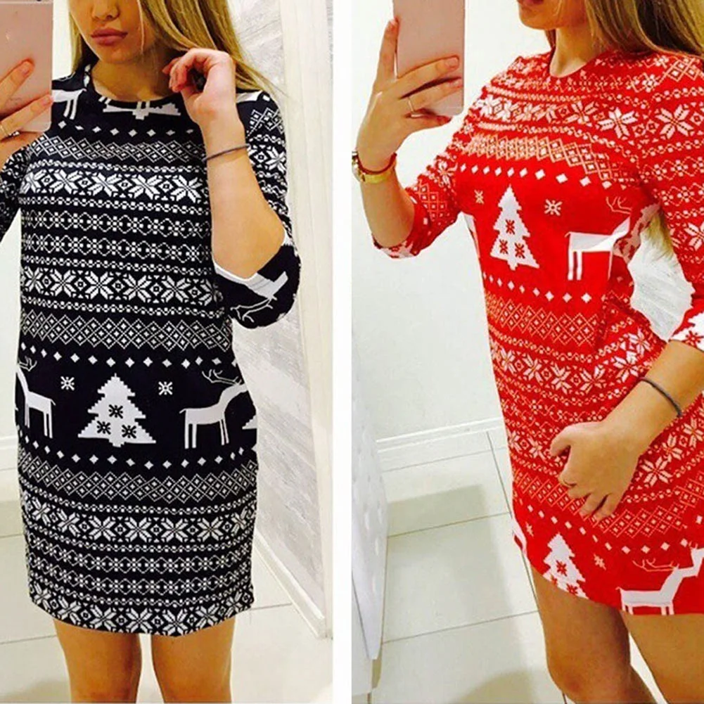 

Kureas Christmas Dress Women Long Sleeve Xmas Snowflake Print Casual Slim Mini T Shirt Dresses Red Black