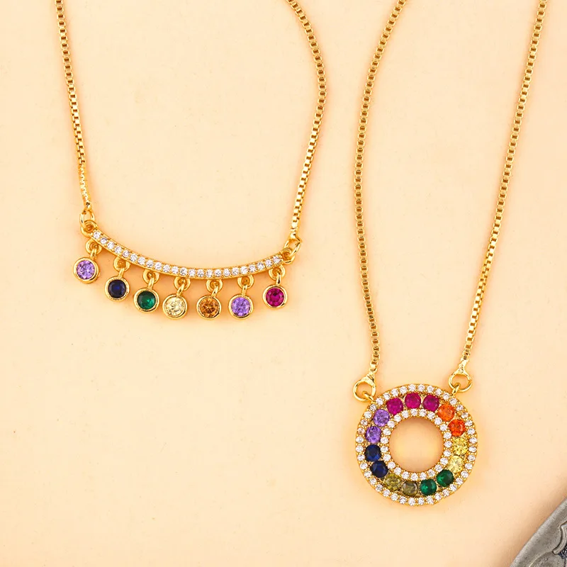 Радужное циркониевое ожерелье, геометрическое круглое изогнутое ожерелье с подвеской, дамская модная цепочка на свитер, подвеска, Женские Ювелирные аксессуары