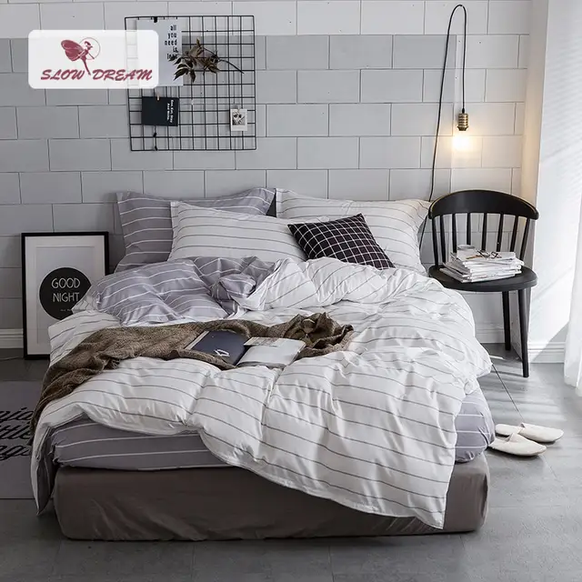 Online Shop Slowdream Bedding Set Gray Stripes White Linen Duvet