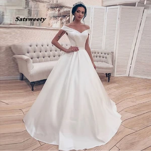 Simple Elegant White Ivory Satin Wedding Dress Princess Ball Gown Corset Off Shoulder Bridal Gown Long vestidos de novia