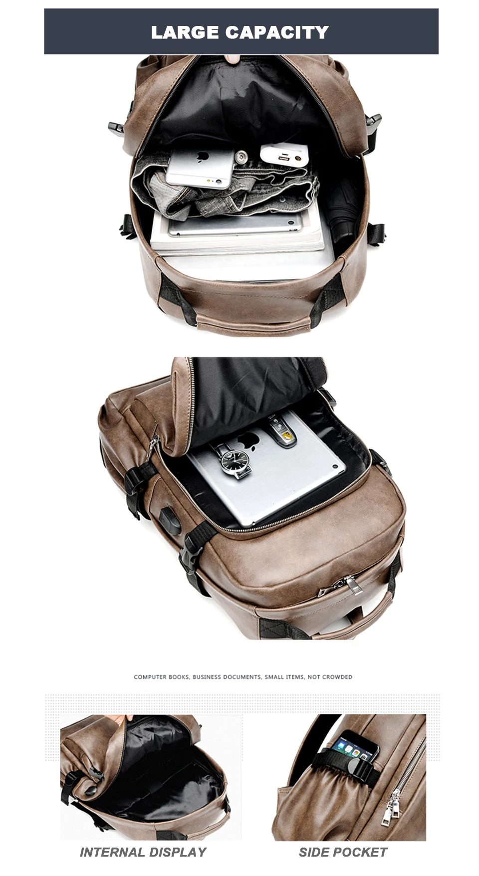 PU Leather Backpack USB Charger Men Bag Male Back Pack School Student Waterproof Laptop Bags Notebook Man 15.6 for Teenager Boys (8)