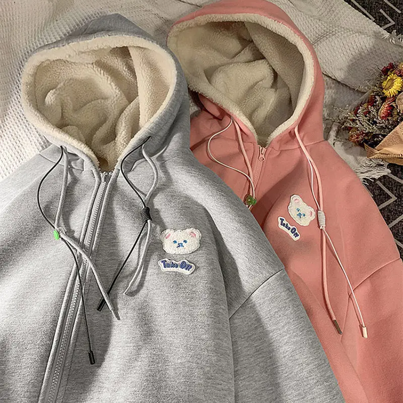 Lamb wool sweater women's 2021 winter Plush thickened design sense of minority hooded cardigan coat ins fashion loose Korean ver