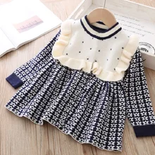 Платье для маленьких девочек; теплое осенне-зимнее вязаное платье в клетку с длинными рукавами; Одежда для девочек; Детские платья для малышей; Рождественский Костюм