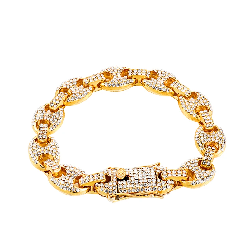 Золотой цвет US7 Colorful Bling Iced Out Coffee Beans Bracelet Puffed Marine Chain 12mm Hip Hop Link Bracelets Jewelry for Man - Окраска металла: Золотой цвет