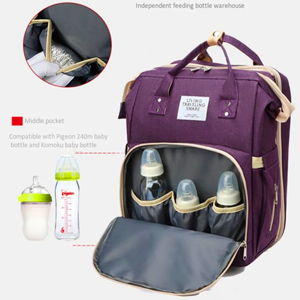 With Awning Lying Backpack Crib Mummy Bag USB Charging Thermal Insulation Large Capacity Mother Baby Hangbag Travel Folding Bed