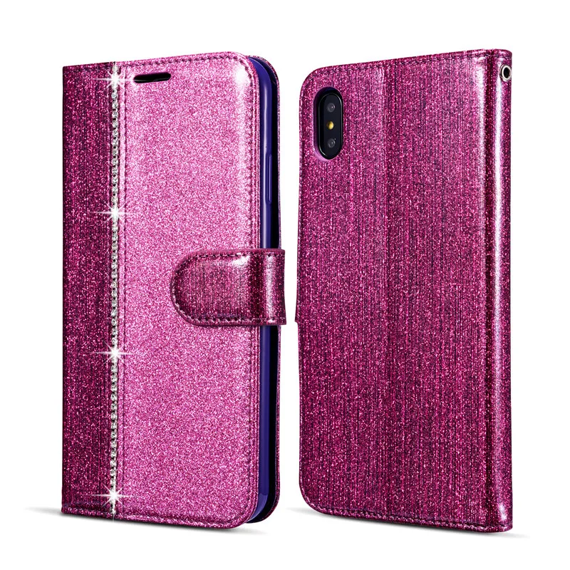 Блестящий Алмазный флип-чехол для iPhone 7 Plus 6 6S 8 11 Pro XS Max XR 8Plus 7 Plus iPhone11 кожаный бумажник-книжка блестящий чехол - Цвет: Фиолетовый