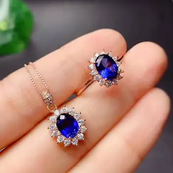 

925 Silver Jewelry set Natural Sapphire Pendant Ring sets Women Jewelry 6x8mm