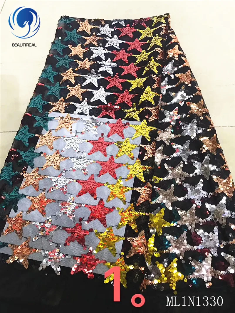 

Beautifical african lace fabrics 2019 New Five-pointed star embroidery sequins net lace fabric for women 5yards ML1N1330