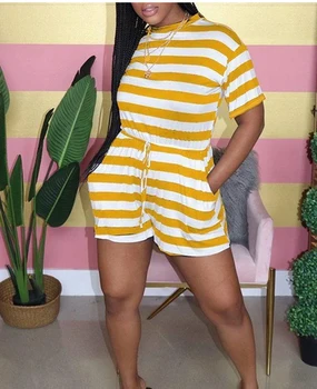 

Women Stripe Playsuit Romper Short Sleeve Shorts Jumpsuits sleepwear high waist drawstring bandage homewear Playsuits