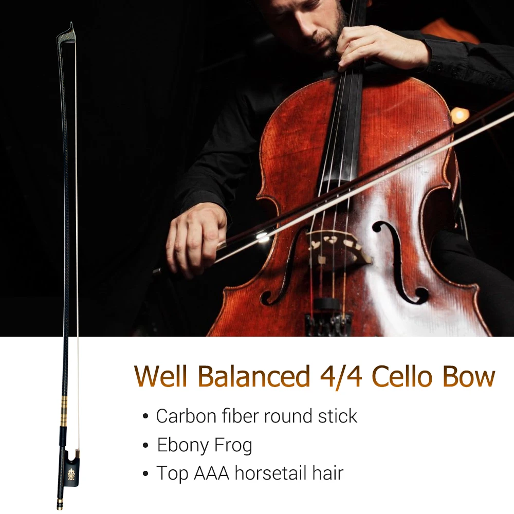 4/4 Виолончель Violoncello лук хорошо сбалансированный Золотой Плетеный углеродного волокна круглая палочка эбеновая лягушка AAA монгольский конский хвост волос Виолончель