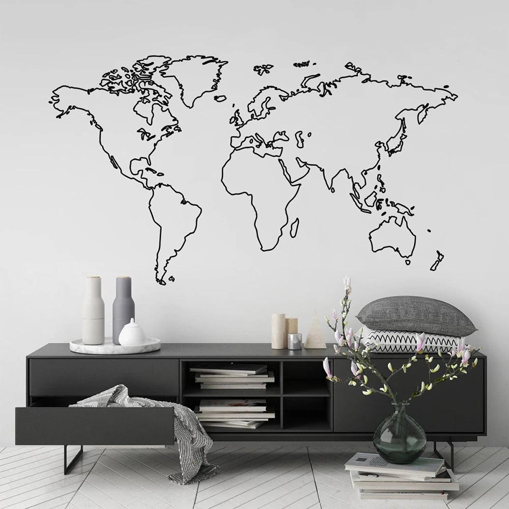 Black World Map Sticker Decal for Home Wall Decor Contemporary