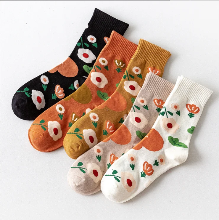 Yuyafeng Street ins style small flower jacquard 70% cotton middle tube socks couple trend outdoor sports socksAnd 5 Double Pack