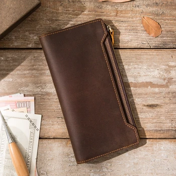 

Leather Retro Simple Men Wallet Card Holder Coin Purse Pure Long Two-fold Buckle Wallet Mobile Phone Bag Crazy Horse Leather