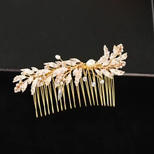 BUFEI HP12 золотые аксессуары для волос кристалл гребень для волос головной убор ручная работа; пресноводный жемчуг невесты головной убор гребень с листьями заколки для волос