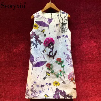 

Svoryxiu Runway Summer Party luxury Beaded Dresses Women's Fashion Sleeveless Purple Flower Print Jacquard Mini Dress Vestdios