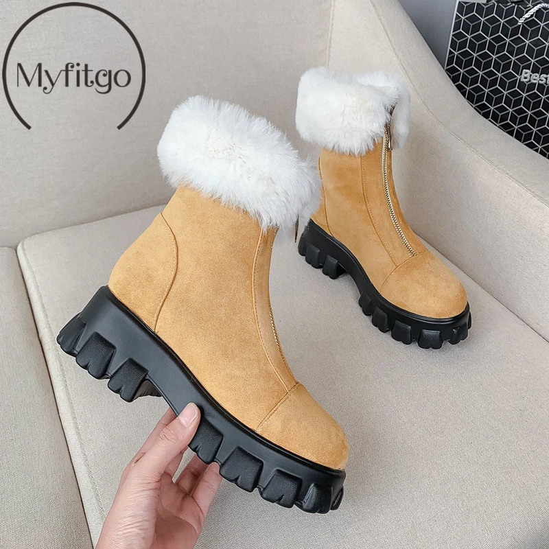 

Myfitgo Women's Motorcycle Ankle Boots Winter Snow Boots Female Furry Chunky Heels Flock Boots Ladies Platform Casual Work Boots