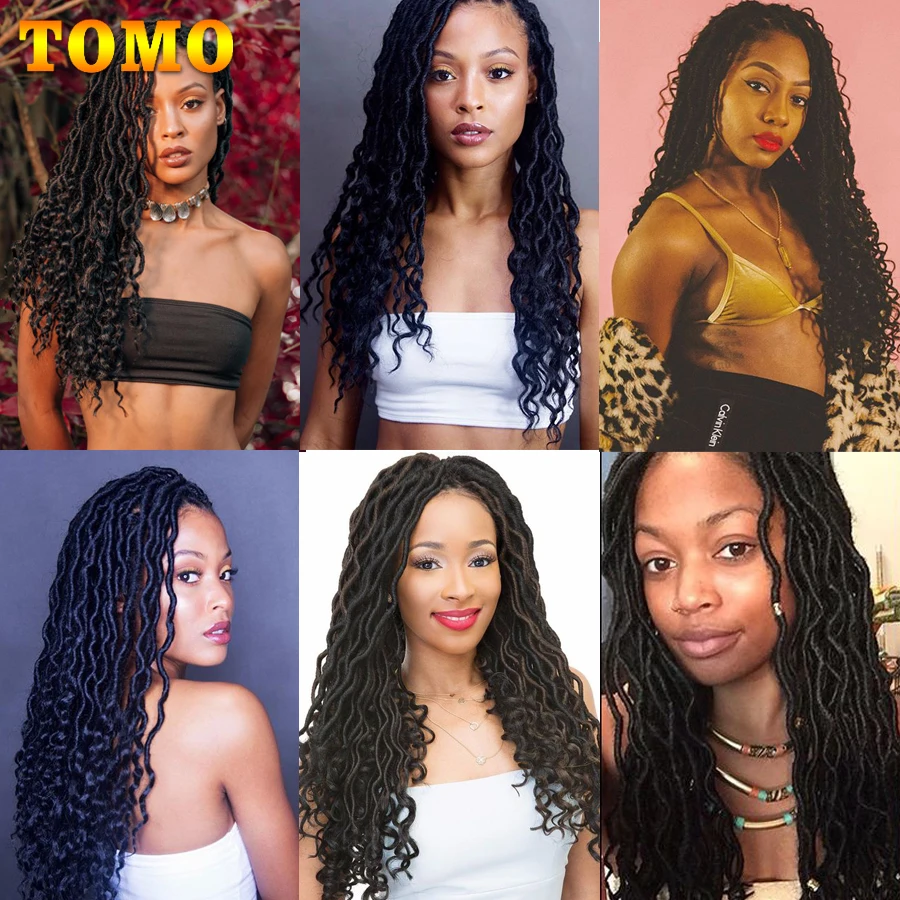 TOMO 20 Inch Goddess Faux Locs Crochet Hair Extensions Synthetic Soft Locs with Curly Ends Wavy Faux Locs Braiding Hair 24 Roots