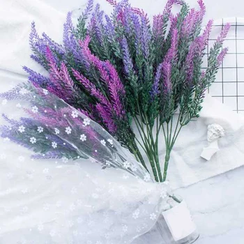 

Promotion! Lavender Plastic Artificial Flowers Romantic Provence Purple Bouquet with Green Leaves Wedding Home Table Decoration