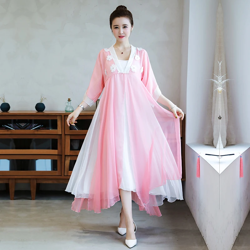 Розовый Китайский стиль ретро Hanfu женское винтажное платье элегантное женское свободное платье с цветочной аппликацией шифоновое платье большого размера - Цвет: Розовый