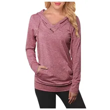 Осенняя блузка женская модная Повседневная Кнопка с капюшоном с v-образным вырезом пуловер сплошной цвет свободные женские Топы рубашка блуза Z4