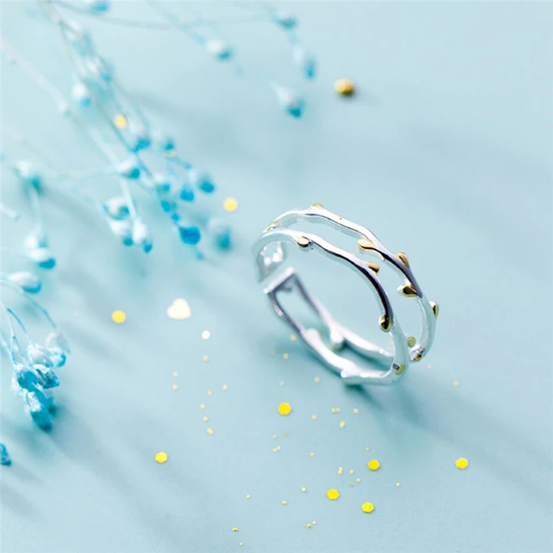 Silver Ring Sole Memory Creative Double Tree Branch Fresh Cute Sweet Art Silver Color Female Resizable Opening Rings SRI344