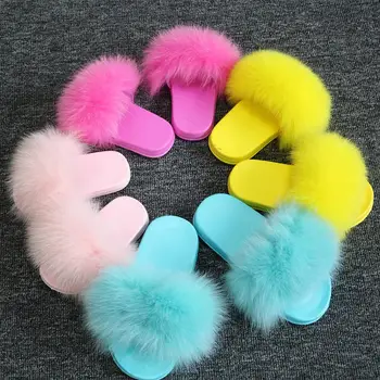 

Kids Slippers Real Fox Fur Solid Sandals Soft Furry Match Color Sole Children Outside Fashion Slides